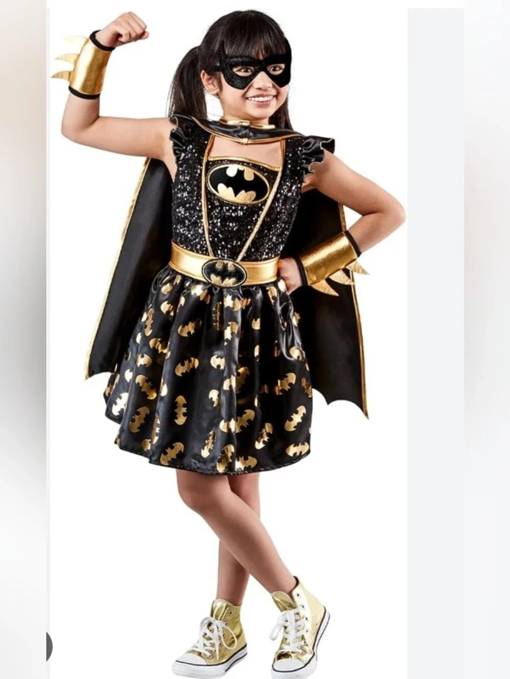 Girls Black & Gold Bat Hero Costume Dress with Cape Size Small